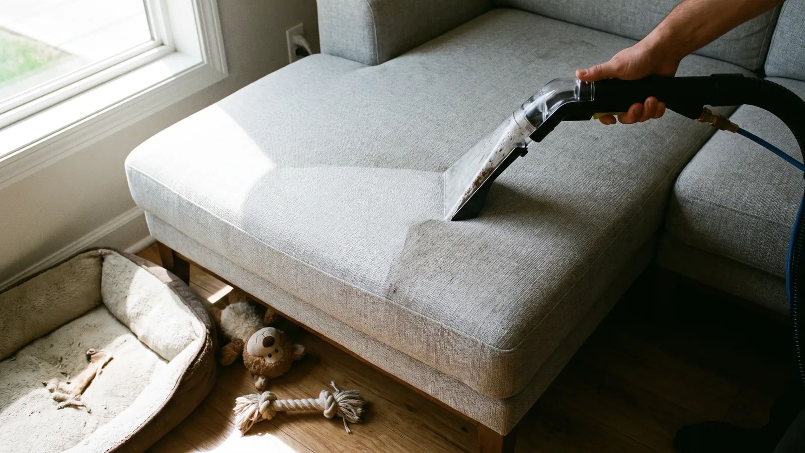 Upholstery cleaning tool working across the cushion of a gray fabric sectional sofa in a family room, one cushion visibly brighter than the next